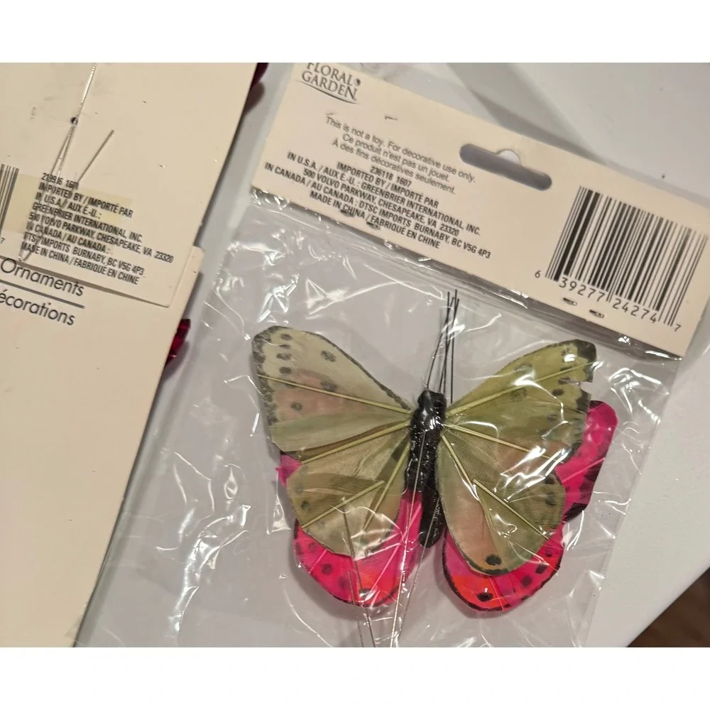 Floral Garden Butterfly Ornaments Pink Red Feather Picks Set of 9 NEW
